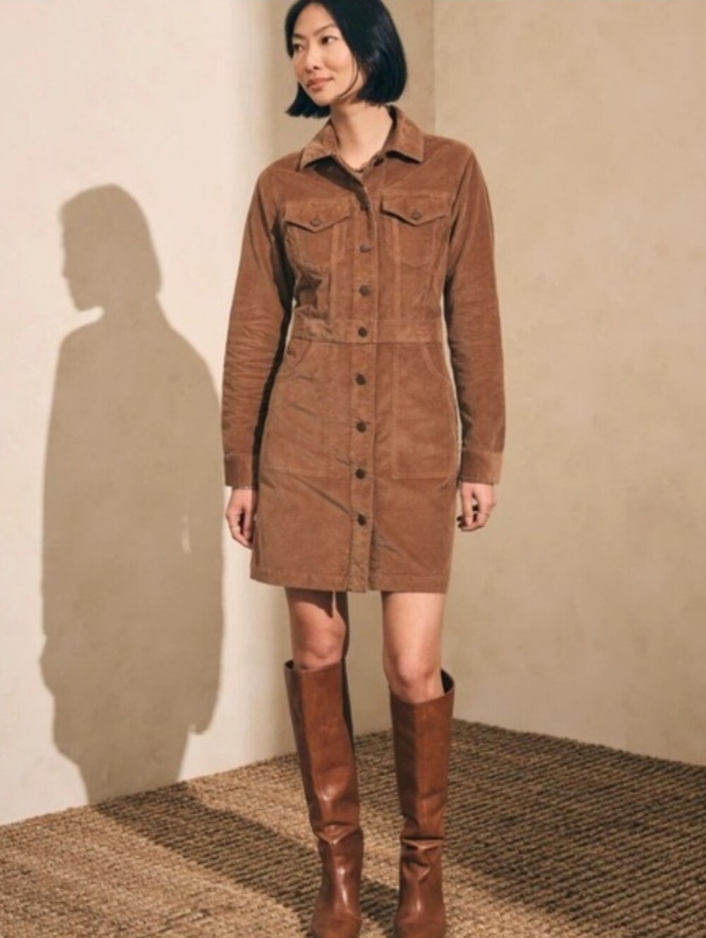 Faherty Michelle Corduroy Shirt Dress Brown Button Front